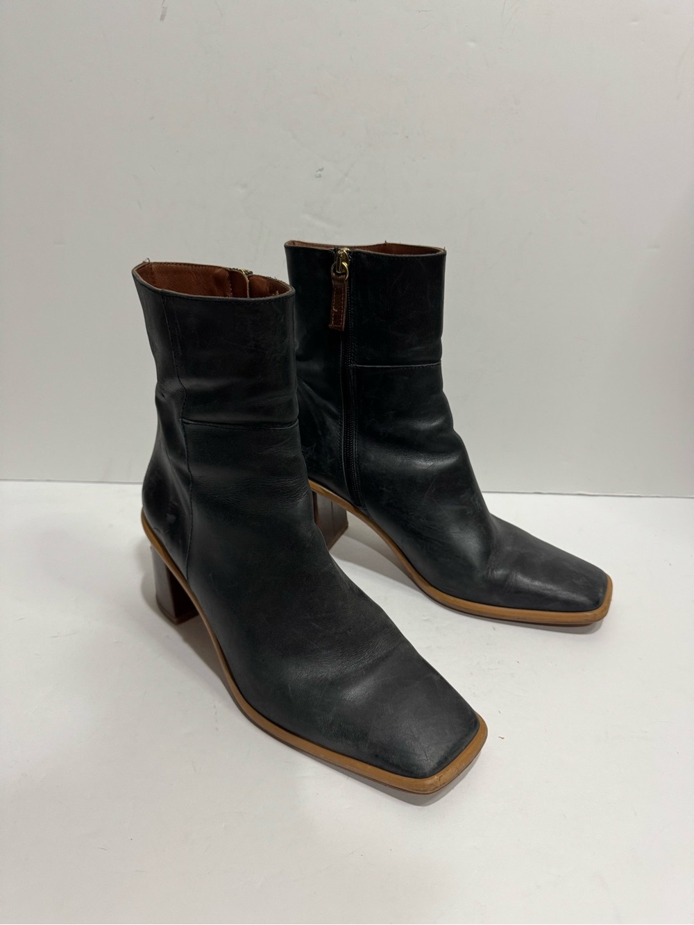 ALOHAS Black Leather Square Toe Block Heel Ankle Boots Size 39